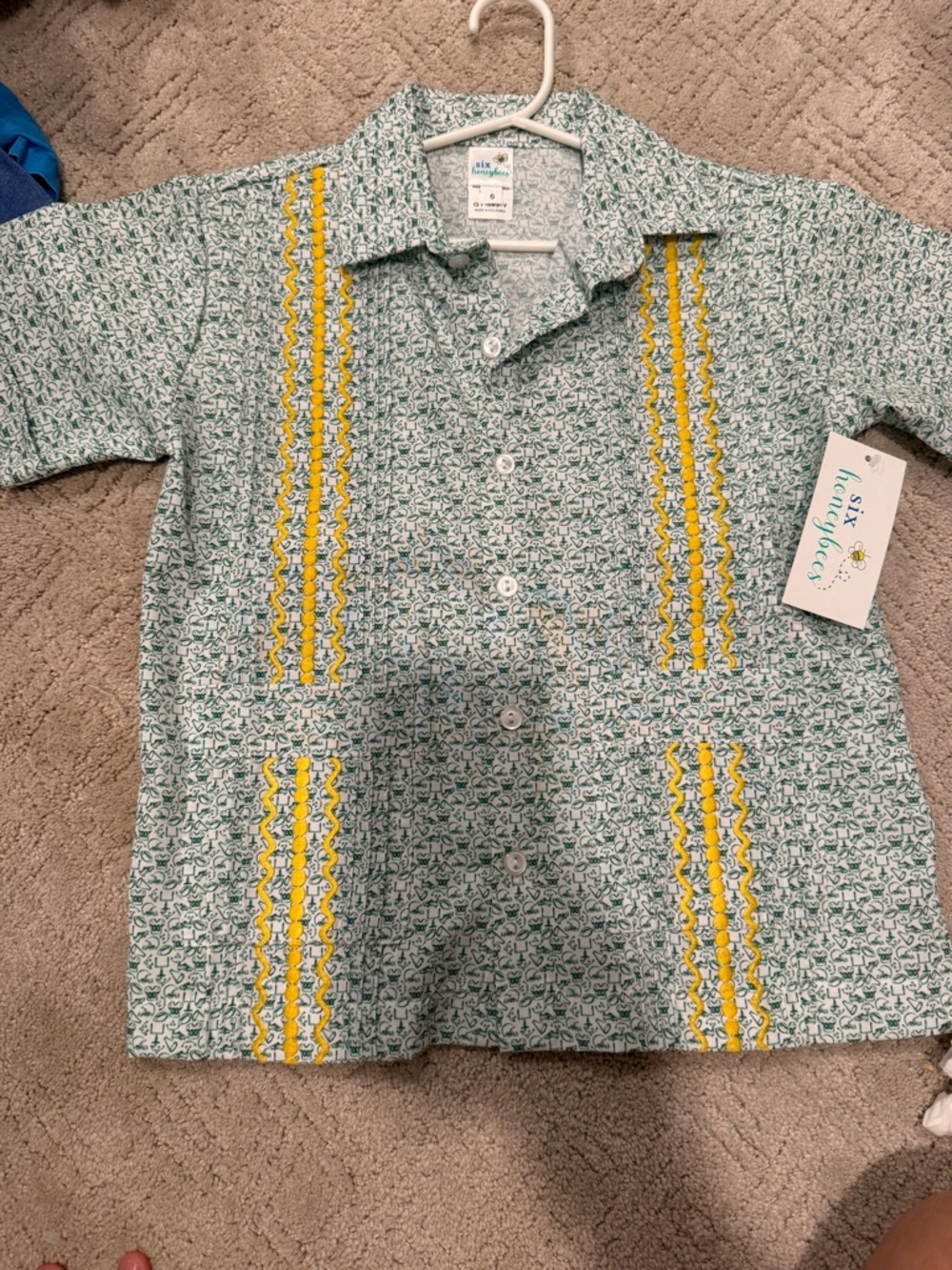 Green Printed Boys' Button-Up Shirt with Yellow Trim